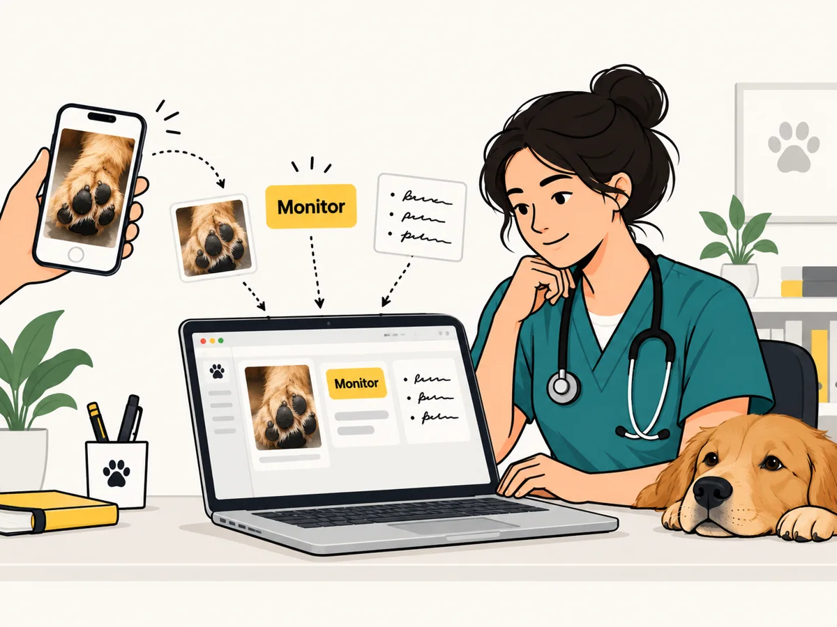A vet reviewing the owner's paw photo, the Monitor triage result and the owner's notes on a laptop before the call