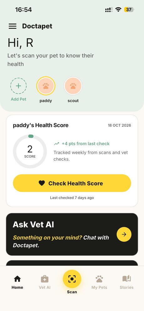 Doctapet app home screen showing a pet's health score