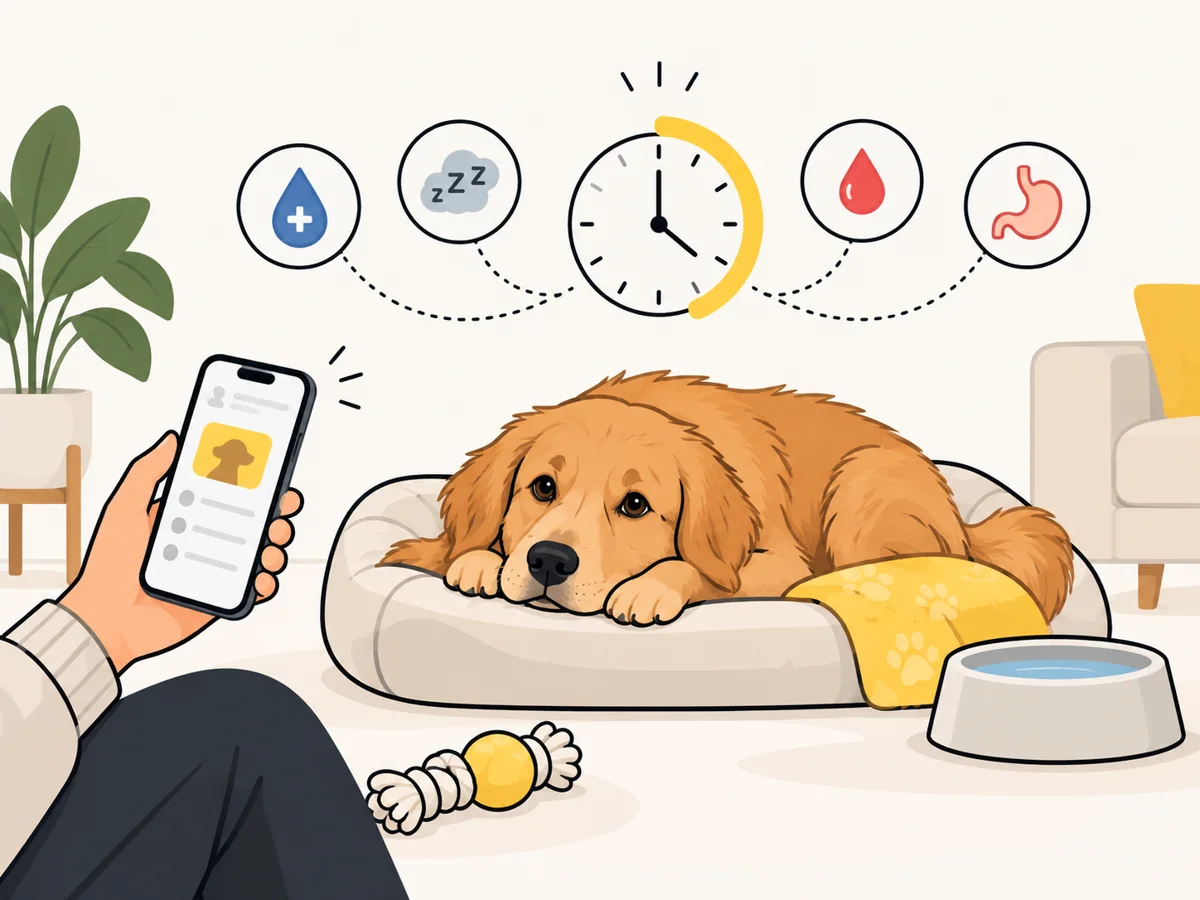 A tired dog resting on its bed while the owner checks the app, with a 12-hour recheck clock and warning signs to watch for